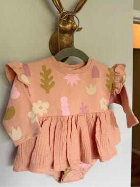 Mayoral Peach Floral Ruffle Bodysuit Dress